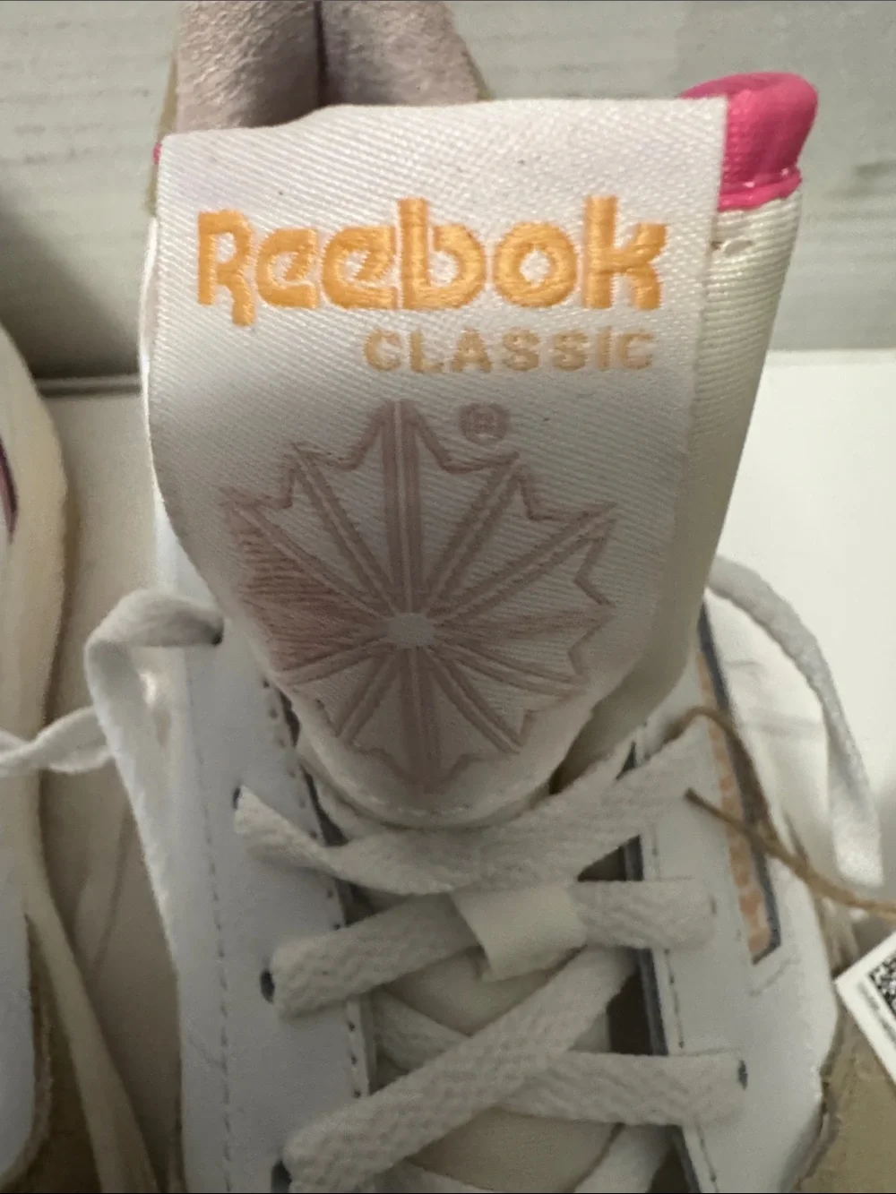 Reebok White Sneakers with Beige Suede and Pink Accents